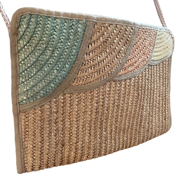 Vintage 70s double sided art straw handbag hand painted floral pastel - Picture 10 of 16